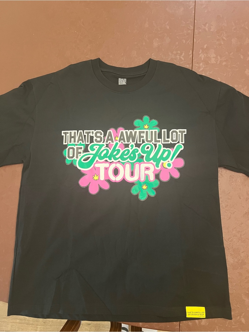 Black Graphic Short Sleeve Tee with Pink & Green Floral Tour Design